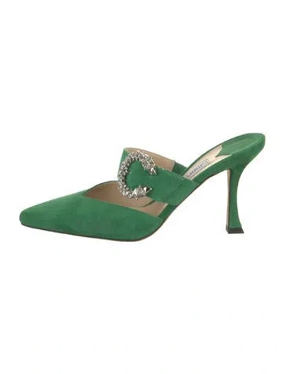 Pre-owned Jimmy Choo Suede Crystal Embellishments Mules In Green
