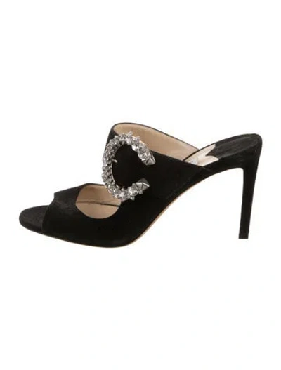 Pre-owned Jimmy Choo Suede Crystal Embellishments Slides In Black
