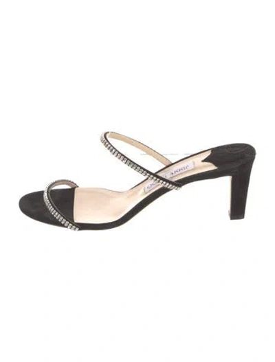Pre-owned Jimmy Choo Suede Crystal Embellishments Slides In Black