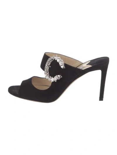 Pre-owned Jimmy Choo Suede Crystal Embellishments Slides In Black