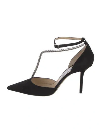 Pre-owned Jimmy Choo Suede Crystal Embellishments T-strap Pumps In Black