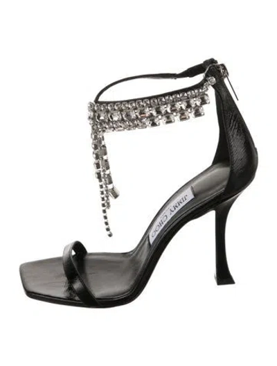 Pre-owned Jimmy Choo Suede Crystal Embellishments T-strap Sandals In Black