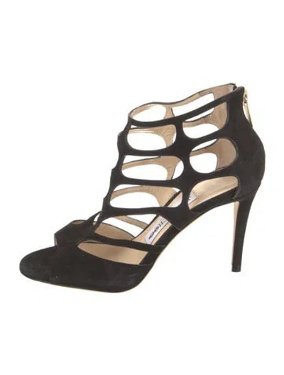 Pre-owned Jimmy Choo Suede Cutout Accent Gladiator Sandals In Black