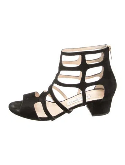Pre-owned Jimmy Choo Suede Cutout Accent Gladiator Sandals In Black