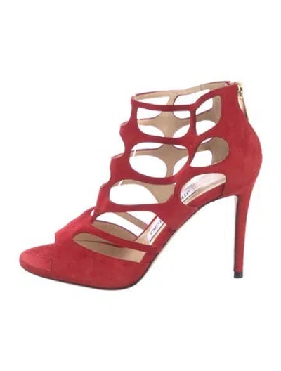 Pre-owned Jimmy Choo Suede Cutout Accent Gladiator Sandals In Red
