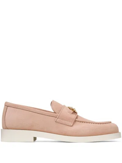 JIMMY CHOO SUEDE FINISH LOAFERS WITH GOLD-TONE EMBELLISHMENT AND BLOCK HEEL