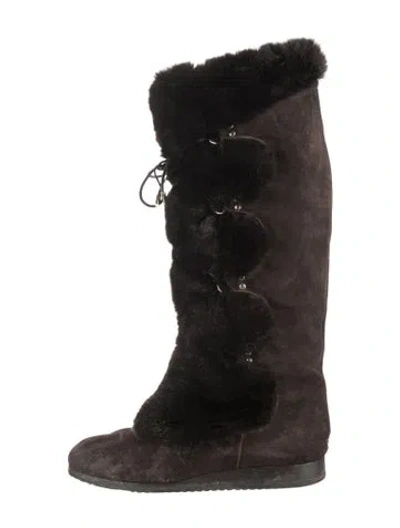 Pre-owned Jimmy Choo Suede Fur Trim Boots In Black