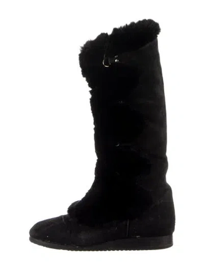 Pre-owned Jimmy Choo Suede Fur Trim Boots In Blue