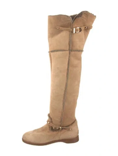 Pre-owned Jimmy Choo Suede Fur Trim Boots In Neutral
