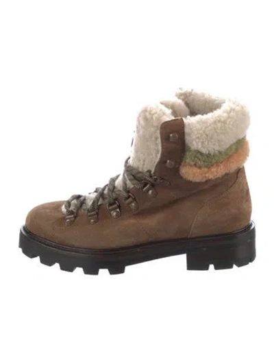 Pre-owned Jimmy Choo Suede Fur Trim Combat Boots In Brown