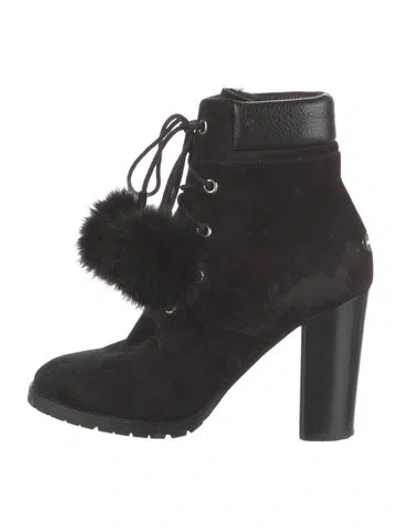 Pre-owned Jimmy Choo Suede Fur Trim Lace-up Boots In Black