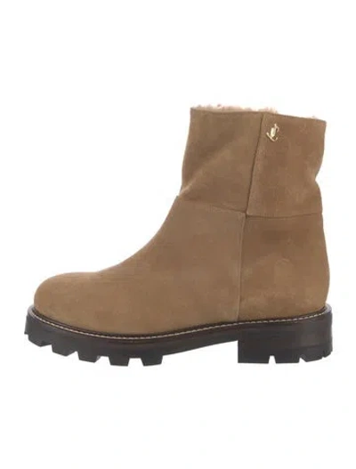 Pre-owned Jimmy Choo Suede Fur Trim Moto Boots In Brown