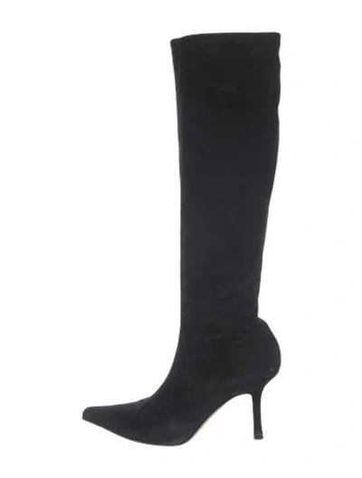 Pre-owned Jimmy Choo Suede Leather Trim Embellishment Boots In Black