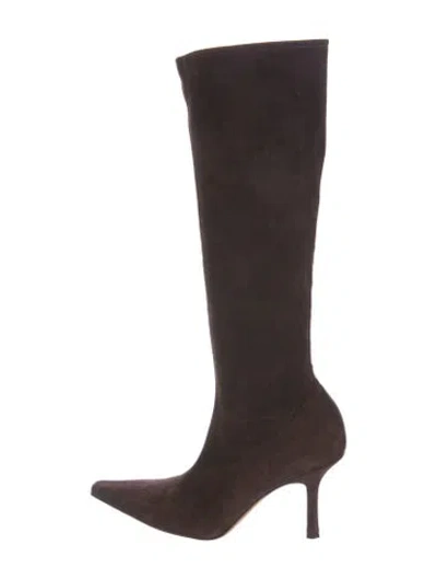 Pre-owned Jimmy Choo Suede Leather Trim Embellishment Boots In Brown
