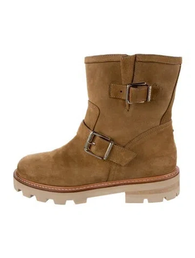 Pre-owned Jimmy Choo Suede Leather Trim Embellishment Moto Boots In Neutral