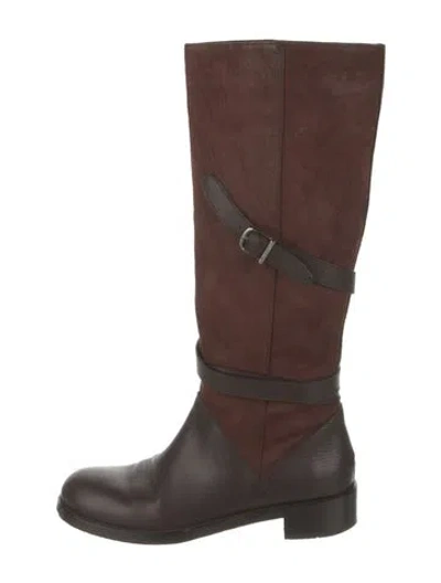 Pre-owned Jimmy Choo Suede Leather Trim Embellishment Riding Boots In Brown