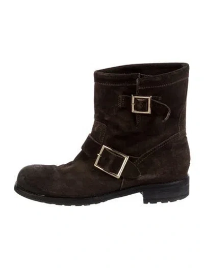 Pre-owned Jimmy Choo Suede Moto Boots In Black/brown