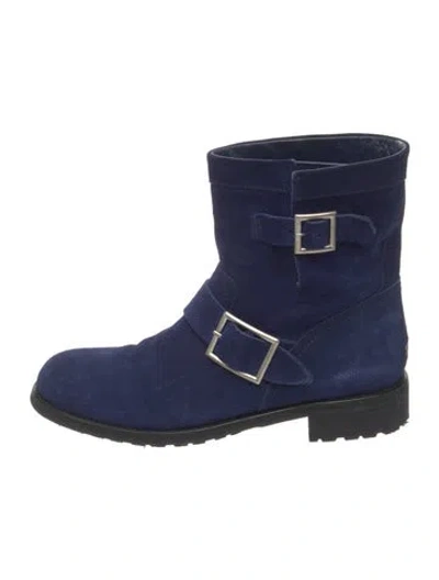 Pre-owned Jimmy Choo Suede Moto Boots In Blue