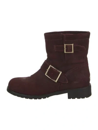 Pre-owned Jimmy Choo Suede Moto Boots In Burgundy