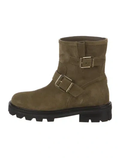 Pre-owned Jimmy Choo Suede Moto Boots In Green