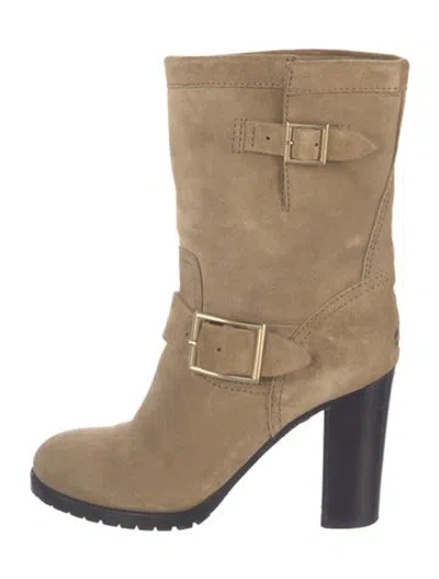 Pre-owned Jimmy Choo Suede Moto Boots In Neutral