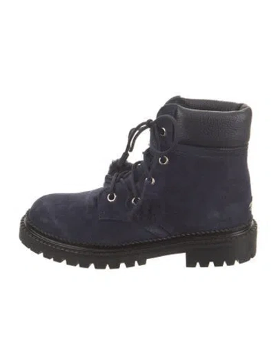 Pre-owned Jimmy Choo Suede Pom-pom Embellishments Combat Boots In Blue