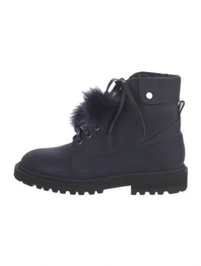 Pre-owned Jimmy Choo Suede Pom-pom Embellishments Combat Boots In Blue