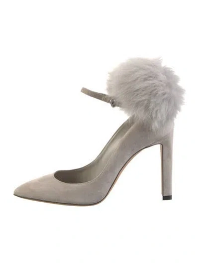 Pre-owned Jimmy Choo Suede Pom-pom Embellishments D'orsay Pumps In Gray