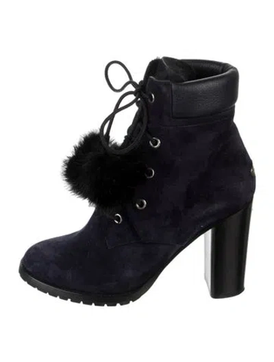 Pre-owned Jimmy Choo Suede Pom-pom Embellishments Lace-up Boots In Blue
