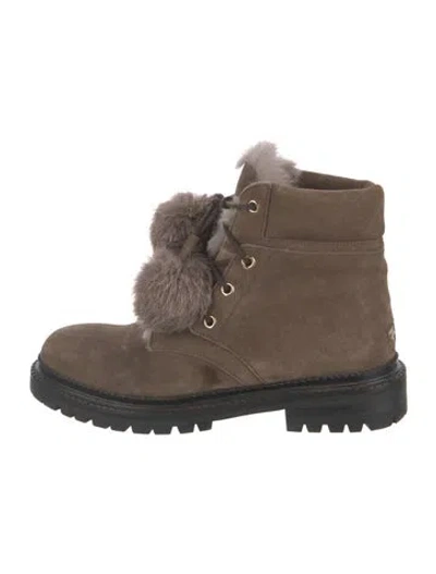 Pre-owned Jimmy Choo Suede Pom-pom Embellishments Lace-up Boots In Brown