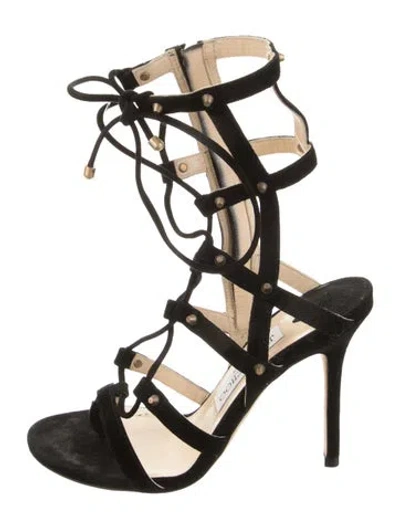 Pre-owned Jimmy Choo Suede Studded Accents Gladiator Sandals In Black