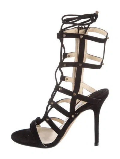 Pre-owned Jimmy Choo Suede Studded Accents Gladiator Sandals In Black