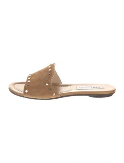 Pre-owned Jimmy Choo Suede Studded Accents Slides In Neutral