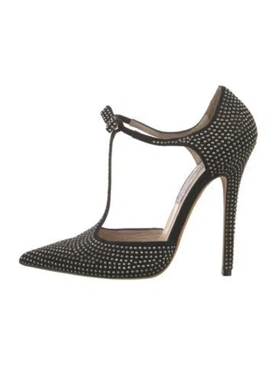 Pre-owned Jimmy Choo Suede Studded Accents T-strap Pumps In Black