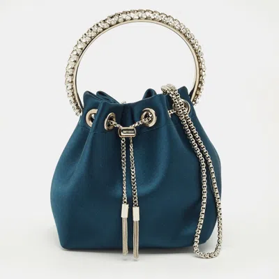 Pre-owned Jimmy Choo Teal Blue Satin Crystal Embellished Bonbon Drawstring Bag