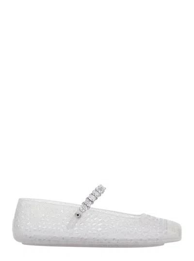 JIMMY CHOO THE JELLY WHITE BALLET SHOES WITH SQUARE TOE AND CRYSTAL EMBELLISHMENTS IN TECH FABRIC WOMAN