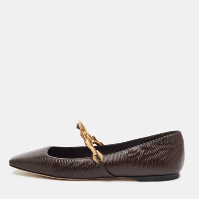 Pre-owned Jimmy Choo Tilda Size 40 Brown Lizard Embossed Leather Ballet Flats