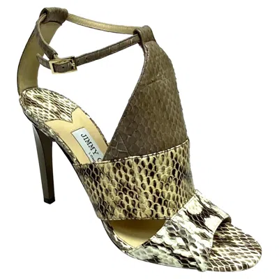 Pre-owned Jimmy Choo Timbus Earthtoned Snake Heeled Sandals Size 37.5 In Brown