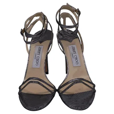Pre-owned Jimmy Choo Tizzy 100 Pixelated Strappy Slingback Sandals In Silver Leather