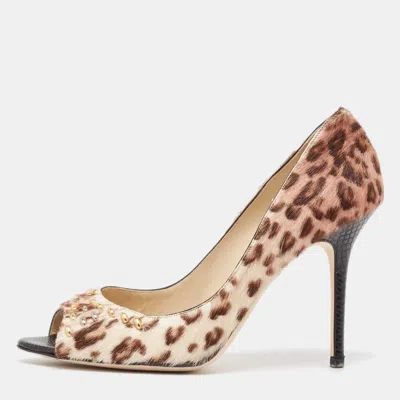 Pre-owned Jimmy Choo Tricolor Animal Print Calf Hair Studded Open Toe Pumps Size 39.5 In Brown