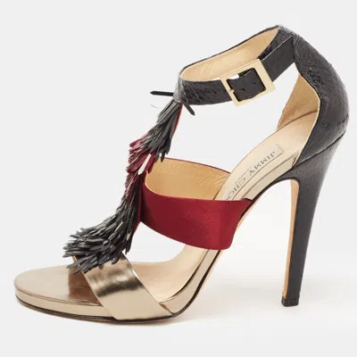 Pre-owned Jimmy Choo Tricolor Python Satin And Leather Fedora Fringe Sandals Size 38.5 In Black