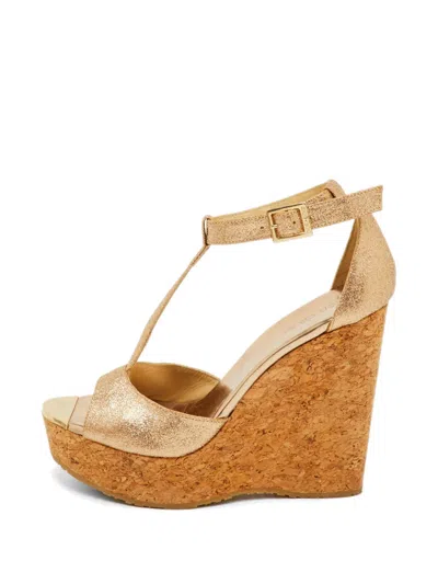 Pre-owned Jimmy Choo T-strap Wedge Sandals In Gold