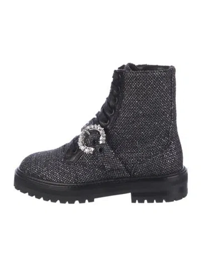 Pre-owned Jimmy Choo Tweed Crystal Embellishments Combat Boots In Black