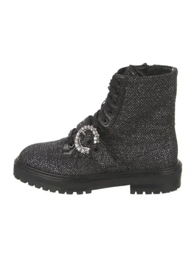 Pre-owned Jimmy Choo Tweed Printed Combat Boots In Black