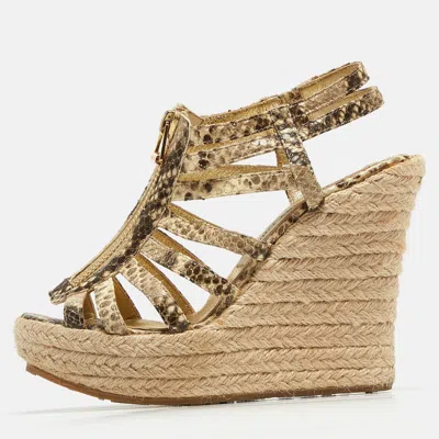 Pre-owned Jimmy Choo Two Tone Embossed Snakeskin Zip Detail Strappy Espadrille Wedge Sandals Size 37 In Beige