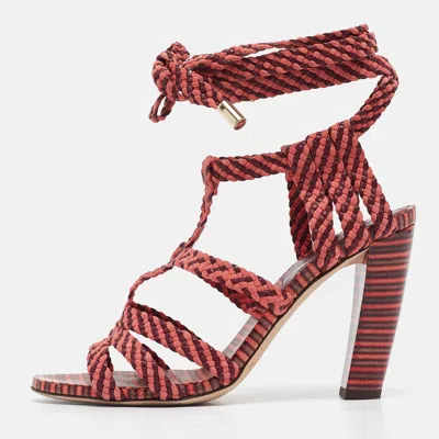 Pre-owned Jimmy Choo Two Tone Woven Suede And Leather Ankle Tie Sandals Size 37 In Pink