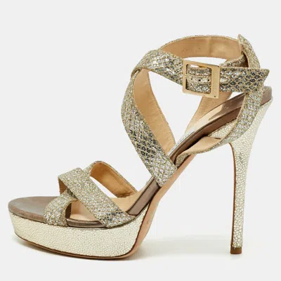 Pre-owned Jimmy Choo Vamp Size 38 Gold/silver Glitter Ankle Strap Platform Sandals
