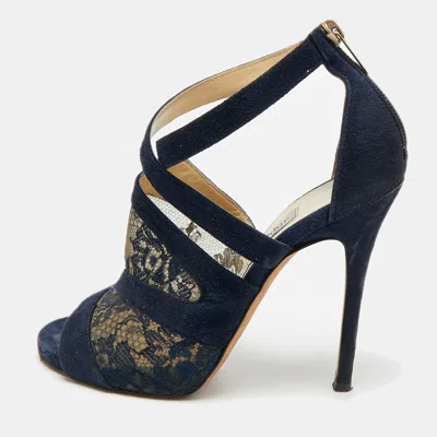 Pre-owned Jimmy Choo Vantage Size 37 Black Mesh And Suede Ankle Strap Sandals