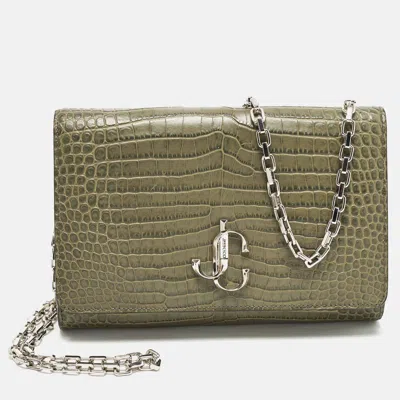 Pre-owned Jimmy Choo Varenne Olive Green Croc Embossed Leather Chain Clutch