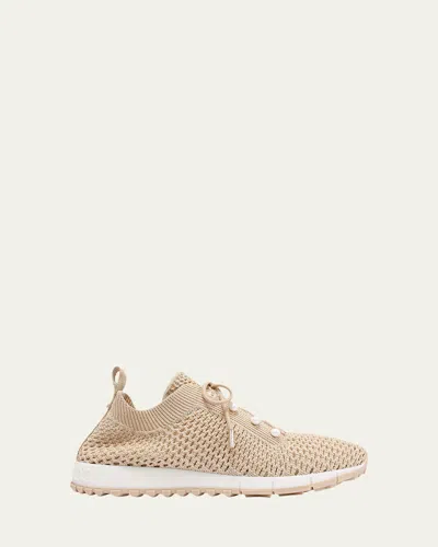 Jimmy Choo Veles Imitation Pearl-embellished Knit Sneakers In Brown